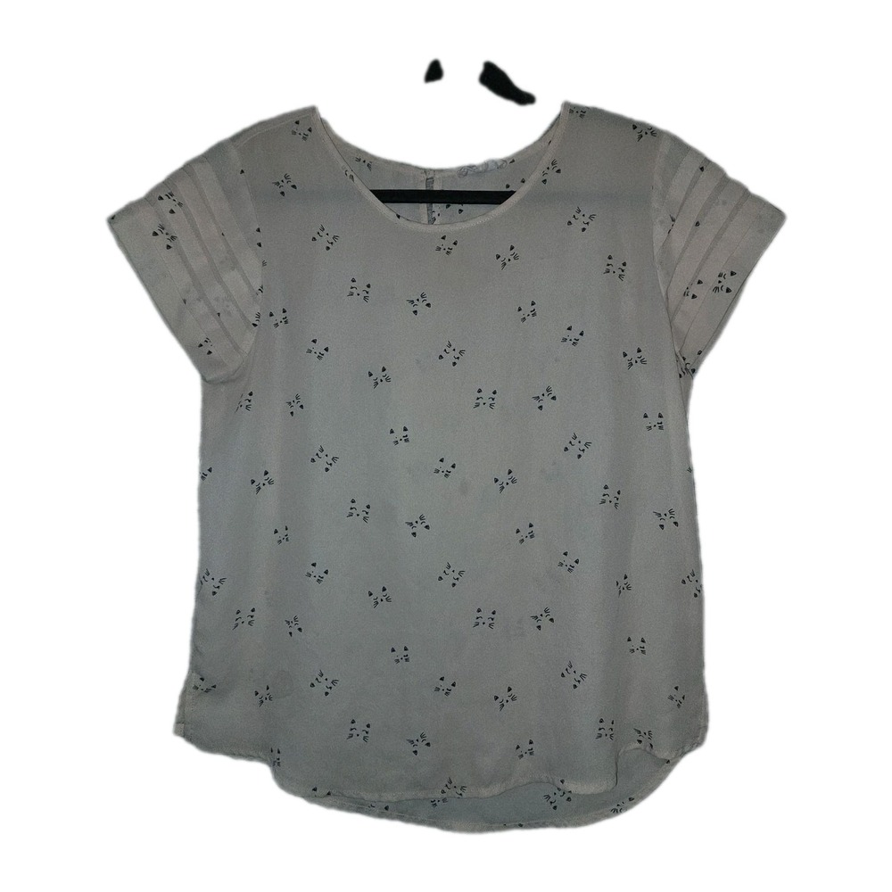 Daisy May Cat Kitten Print Blouse Women's Large Pale Pink Pleated  Sleeve Top